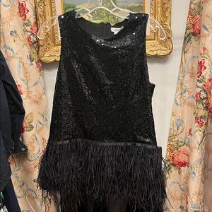 Tyler Boe Black Sequin Top with Feather Trim